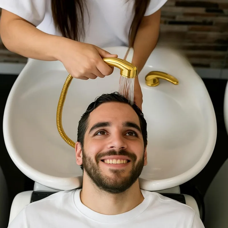 Gold Salon Sink Faucet for Shampoo Bowls with Tangle Free Hose and Sprayer 1/2 Inch Inlet Complete Set