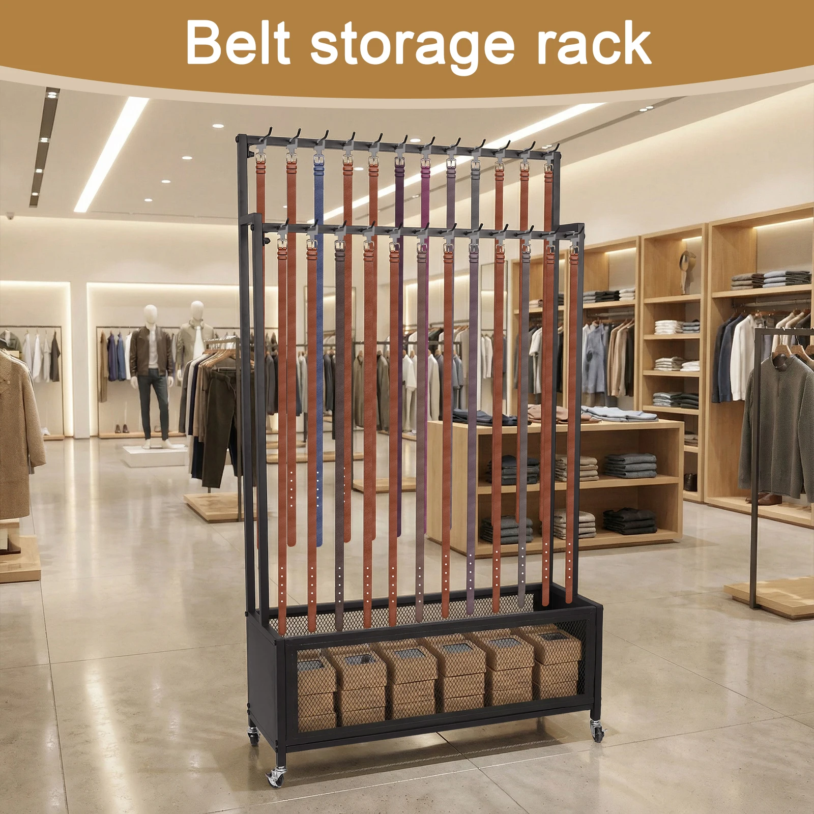 

Двухуровневая напольная вешалка для ремней на колесиках с крючками, передвижной органайзер для галстуков и ремней для магазина одежды, спальни, бизнеса
