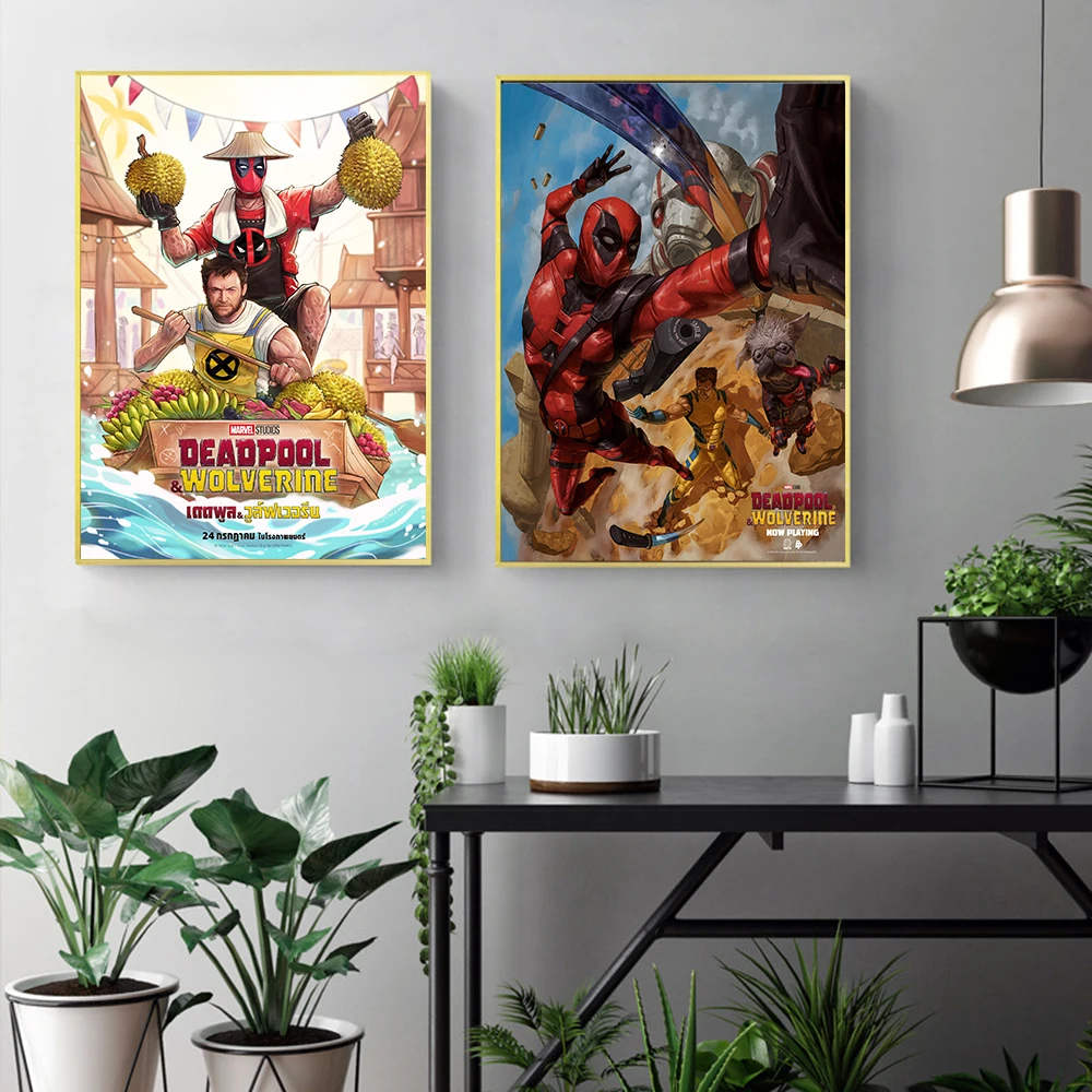 Funny Marvel Deadpool And Wolverine Hold Durian Banana Fruit Wall Art Canvas Painting Prints Children's Room Home Wall Decor