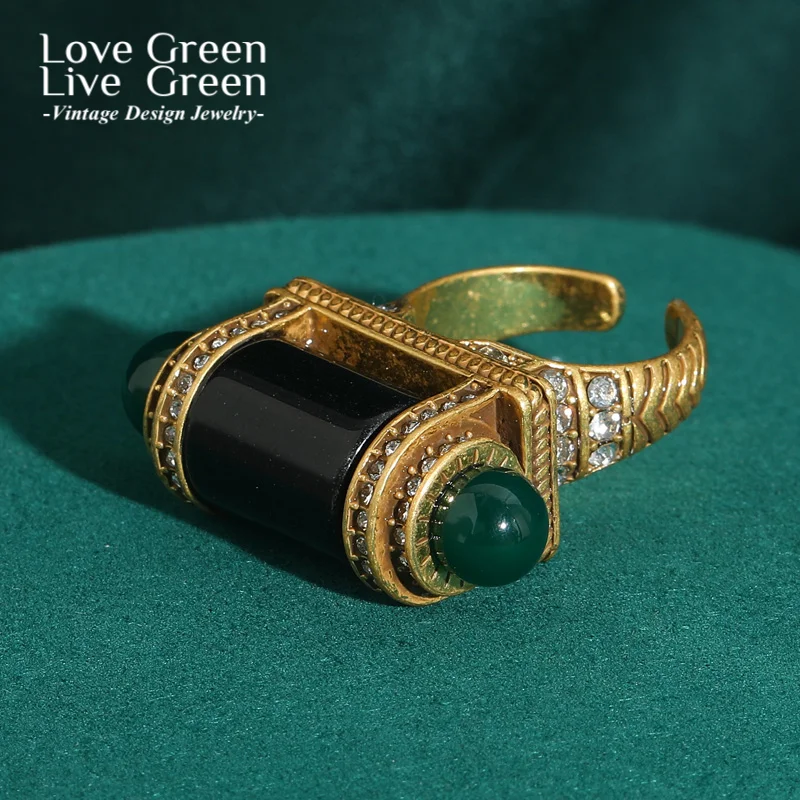 

Vintage Rhinestones Bullet Black Rings For Woman Agate Open Gold Color Luxury Brands Jewelry Antique Accessories 2025 Trending