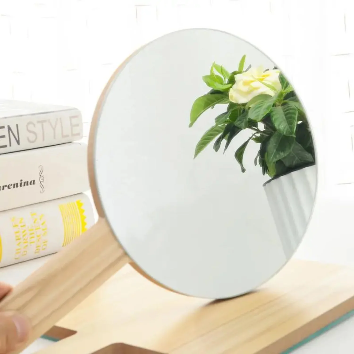 Wooden Handle Handheld Makeup Mirror HD Portable Travel Wood Grain Mirror