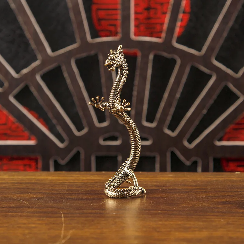 Brass Standing Dragon Small Statue Desktop Ornaments Vintage Beast Figurine Mini Lucky Animal Home Decoration Crafts Accessories