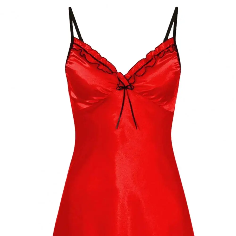 Satin Smooth Sleepwear Women Summer Nightdress Lace Solid Color V Neck Spaghetti Strap A-line Bow Decor Backless Nightgown