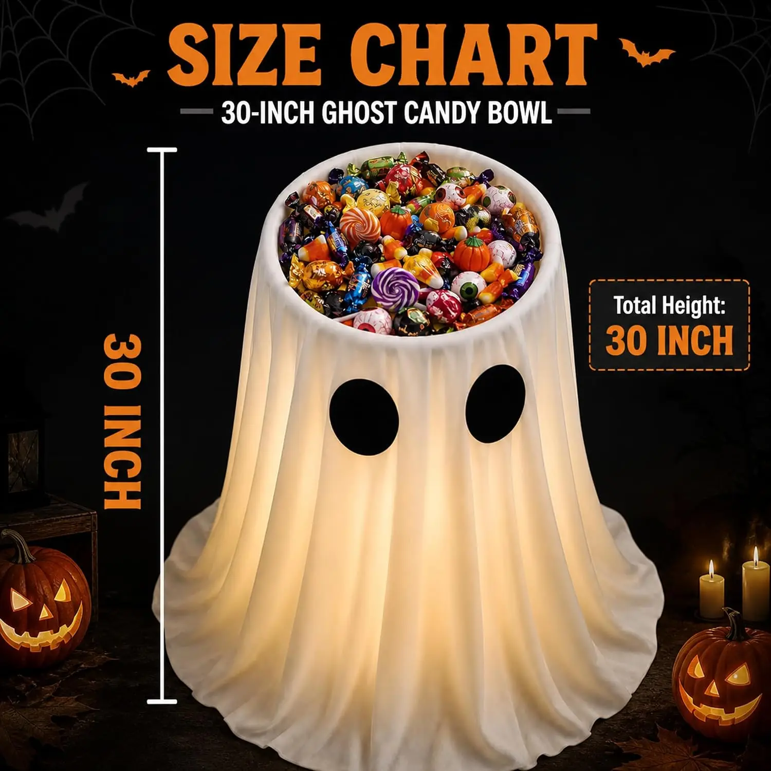 Halloween Light Up Ghost Candy Bowl 30 Inch for Outdoor Porch Yard with Remote Control Timer Battery Powered Indoor