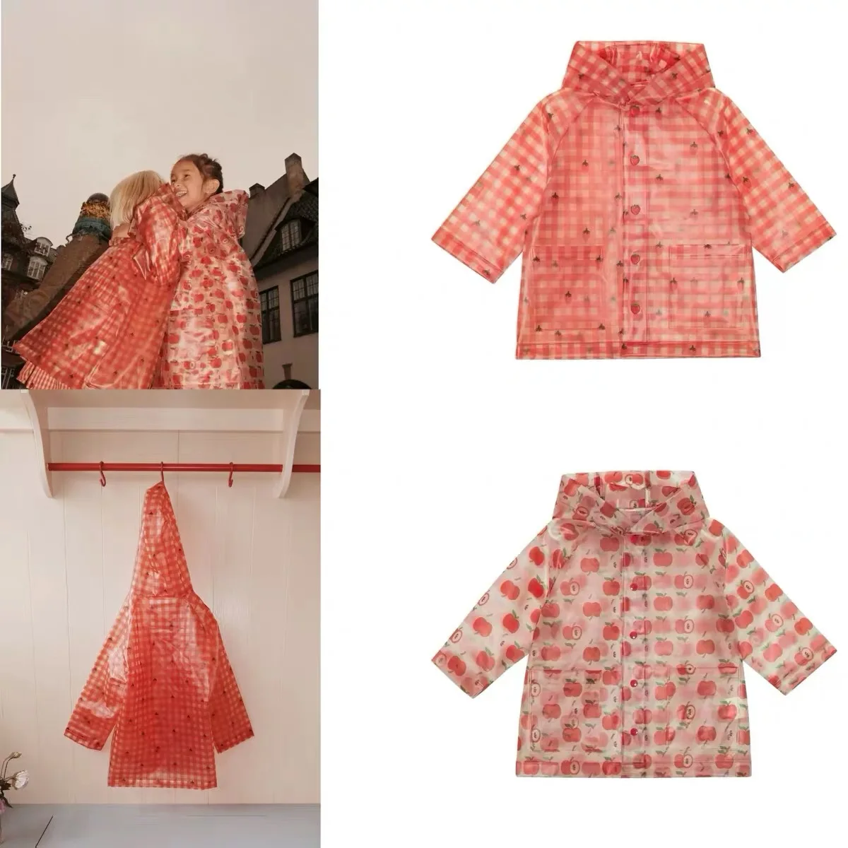 

2025 New Children's Cartoon FL Raincoat Cartoon Strawberry Apple Pattern Cute Rainwear Boys Girls Rain Coats Waterproof Cloth