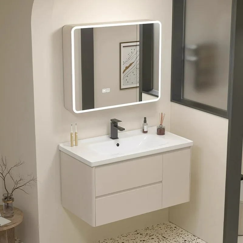 

Cream honeycomb aluminum bathroom cabinet ceramic integrated basin wall-mounted washbasin toilet wash basin cabinet combination
