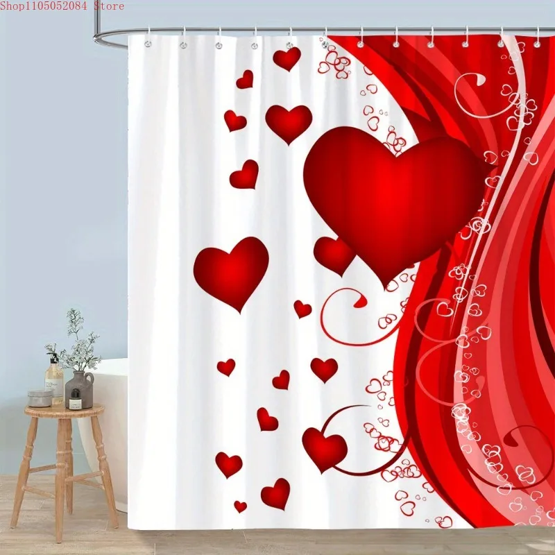 1pc heart shaped valentine s day shower curtain   -   With Hooks Waterproof Mildew Proof Easy Install Washable