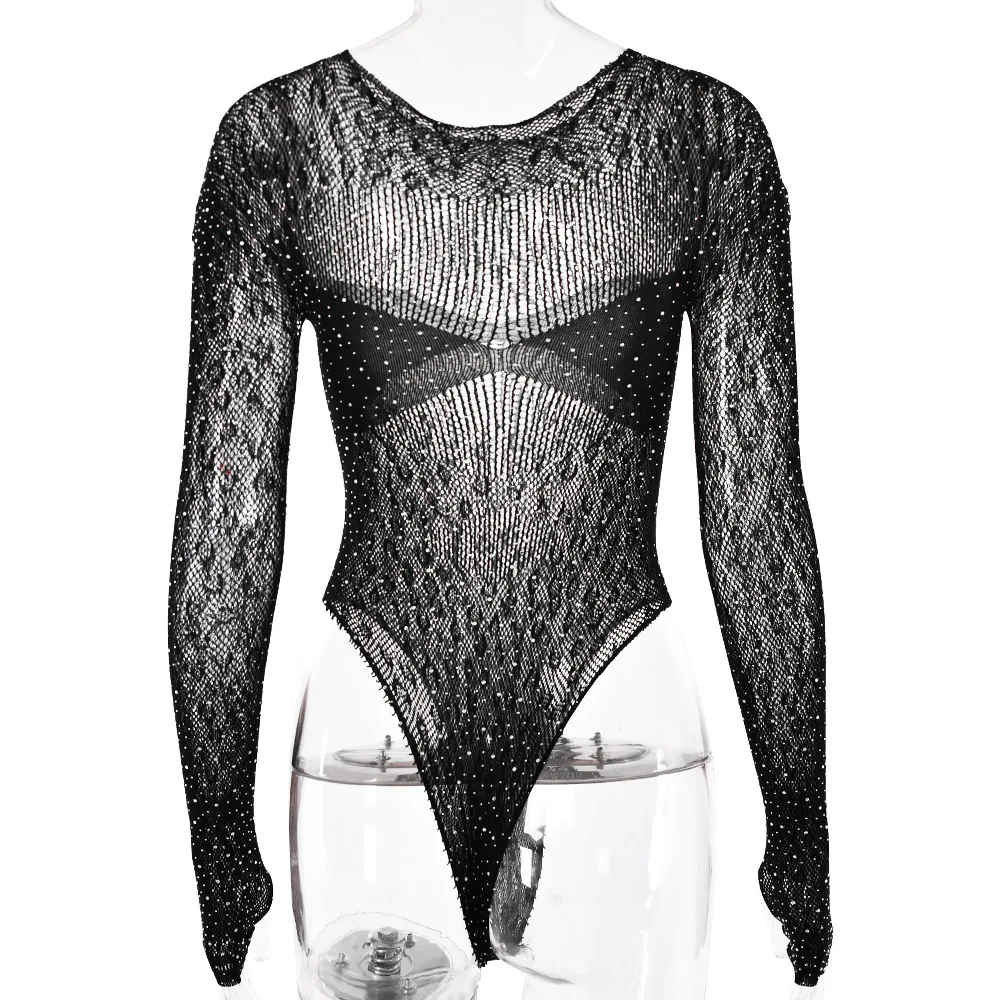 Damen Slim Fit Transparenter Langarm-Romper, Glänzender Strass-T-Shirt-Bodysuit, Party-Club-Overall mit Ausschnitten – Detail 10