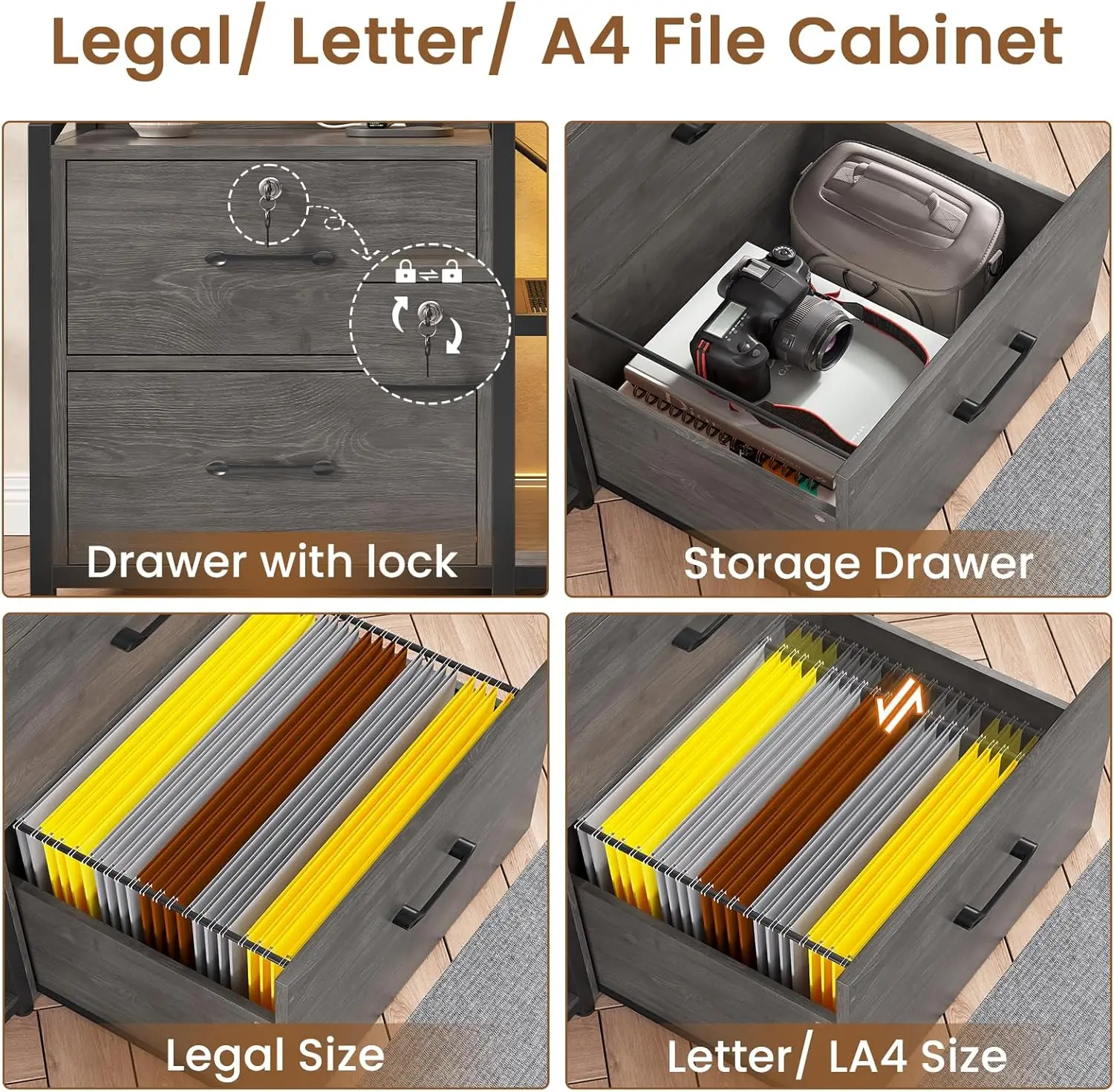 2-Drawer File Cabinet, Letter Legal A4, Lock, Power Strip, LED Lights, Grey