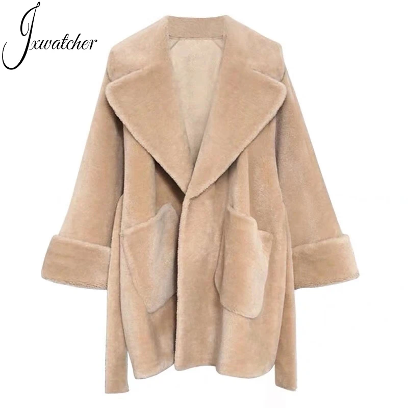 Jxwatcher-abrigo de piel auténtica para mujer, chaqueta coreana con cinturón, abrigos de lana de oveja, abrigo de esquila de oveja auténtica para invierno