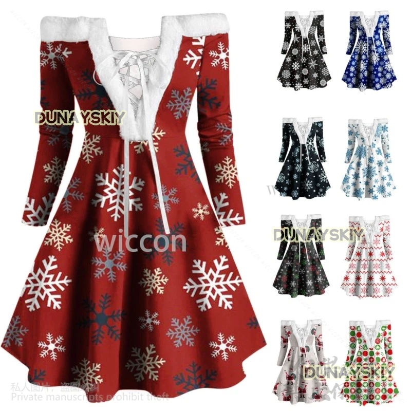 Anime 2024 Christmas Dress Elegant Snowflake Sexy Off Shoulder Long Sleeve Faux Fur Collar Lolita For Woman Girls Customized