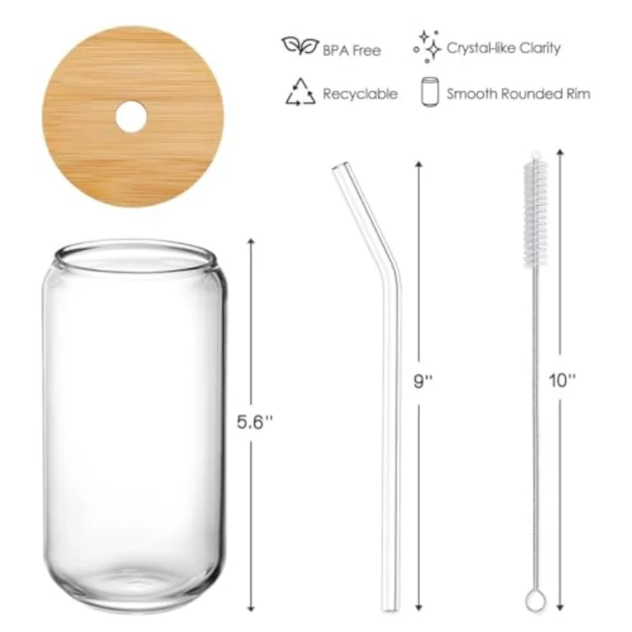 Drinking Glasses with Bamboo Lids and Glass Straw 4pcs Set - oz Glass Cups, Iced Coffee Glasses, Cute iced Tea Glasses, Beer Gl view 6