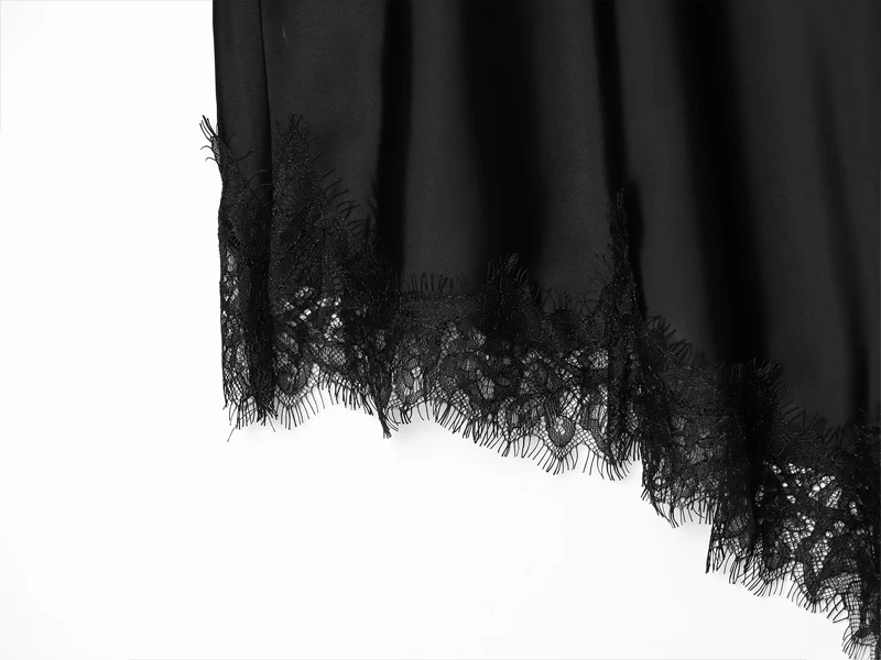 HXAO Spitzenkleider für Damen, Sommer, schwarzes Midi-Satin-Kleid, asymmetrisches, kurzärmeliges Kleid, elegantes, kokettes Partykleid – Detail 9