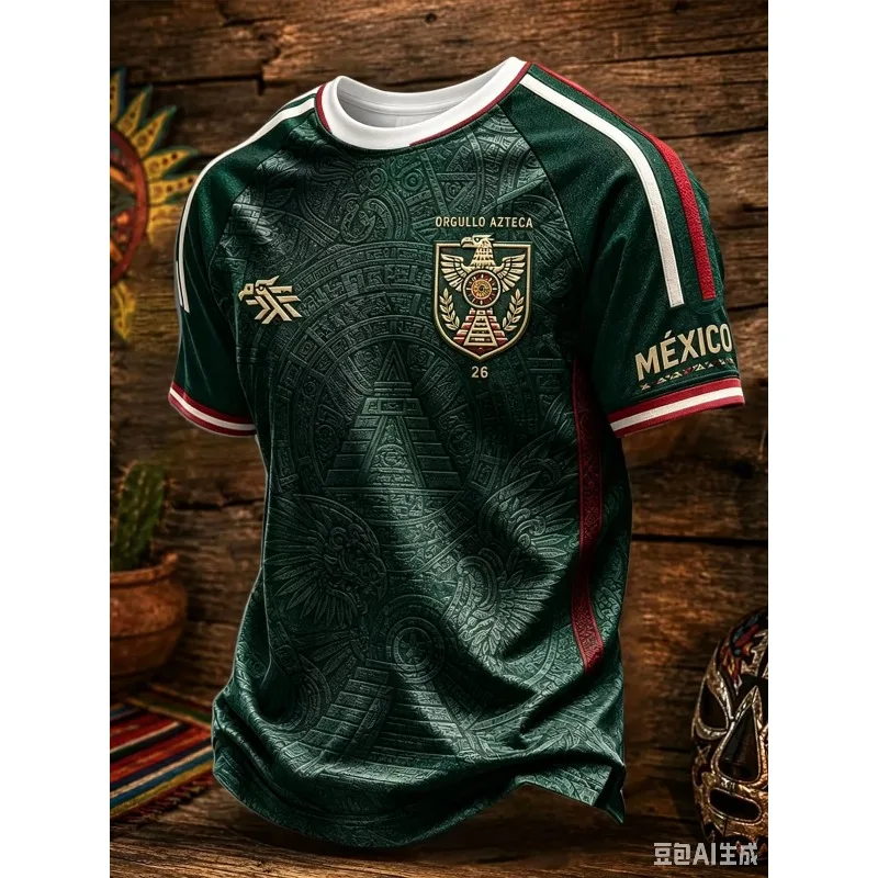 Mexican Aztec Totem Graphic Jersey T‑Shirt 3D All Over Print Eagle Snake National Flag Short Sleeve Kids Casual Sports Fan Tops