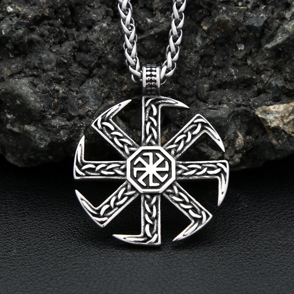 Vintage ze stali nierdzewnej słowiański Kolovrat Symbol naszyjnik pogańskie koło słoneczne naszyjniki dla kobiet mężczyzn religijne biżuteria Amulet