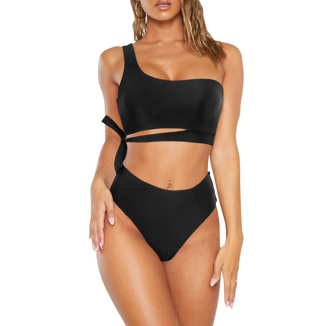 One-Shoulder-Bikini-Set für Damen – Sommer-Badeanzug mit hoher Taille, zweiteiliger Bikini für Frauen – Detail 6
