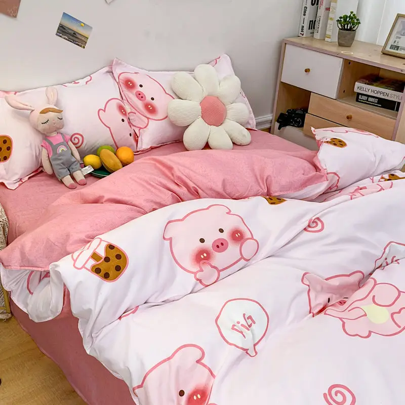 Ins Pink Pig Bedding Set Flat Bed Sheet Pillowcase Twin Full Queen Nordic Bed Linen Kids Girls Floral Duvet Cover Set Kawaii