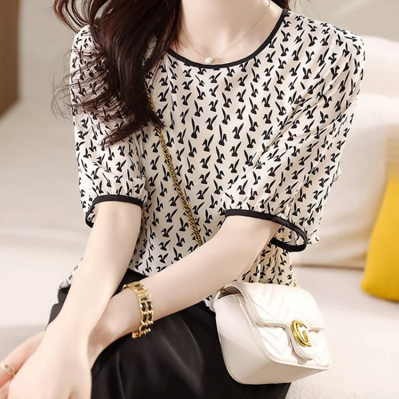 Summer Printing Loose Blouse Women High Quality Short Sleeve O-collar Casual All-match Temperament Lady Pullover Chiffon Shirt