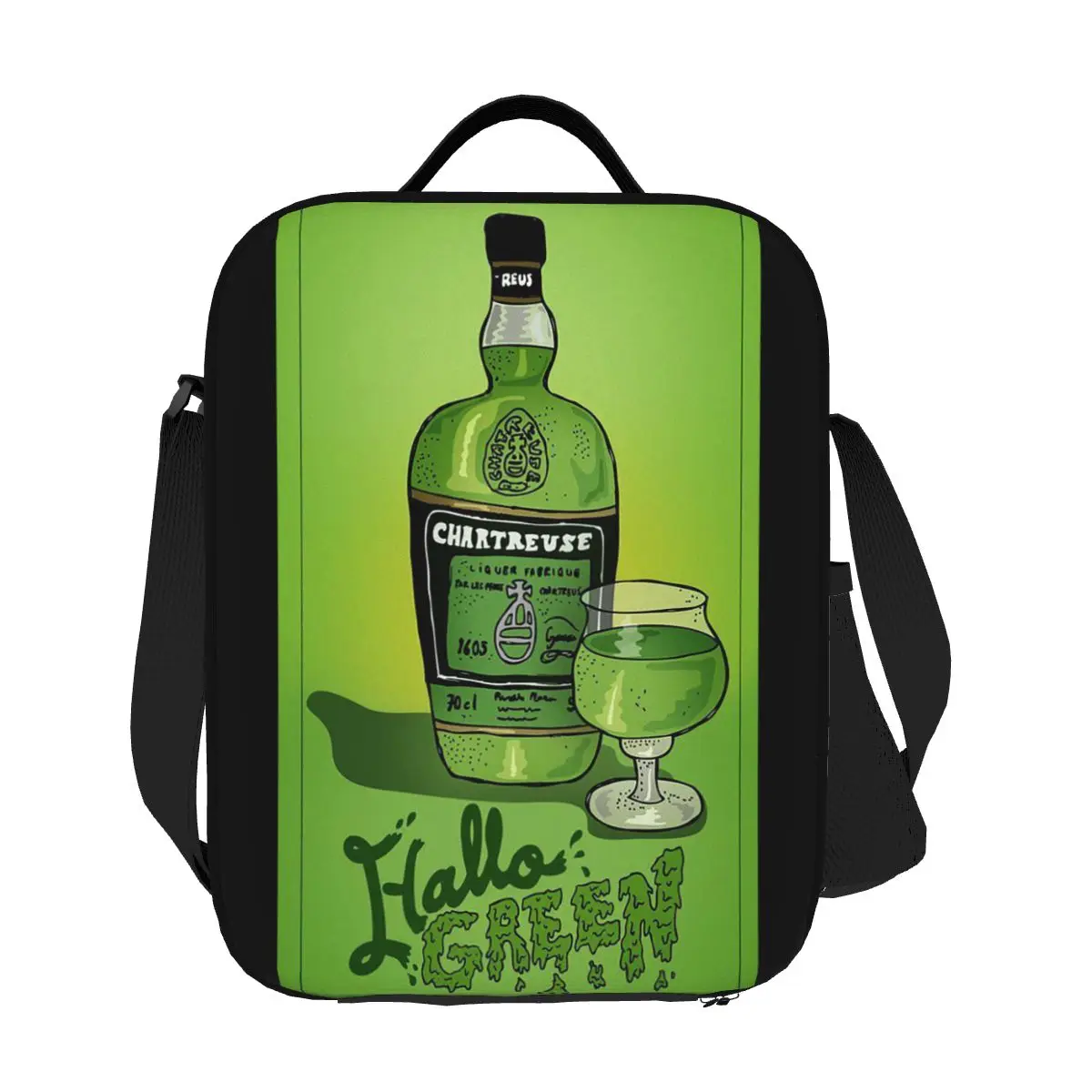 

Зеленая бутылка Chartreuse, картина маслом, напитки, сумки для обеда, изолированная коробка для бенто, портативная сумка для обеда, многоразовые сумки для пикника, сумка-холодильник