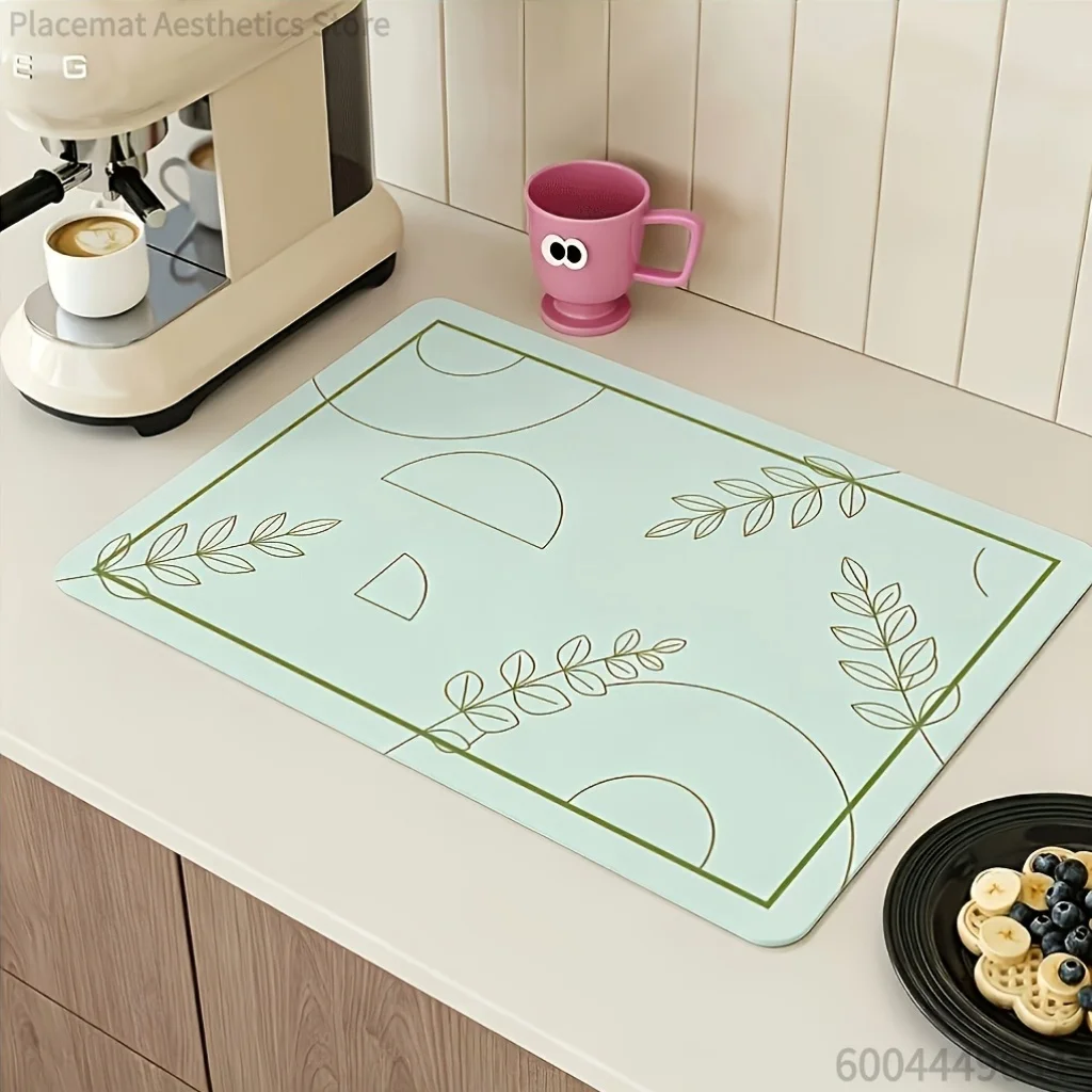 Geometric Line Leaf Gift Box White Floral Daisy Print Super Absorbent Drying Mat, Waterproof Kitchen Counter Drain Pad Decor