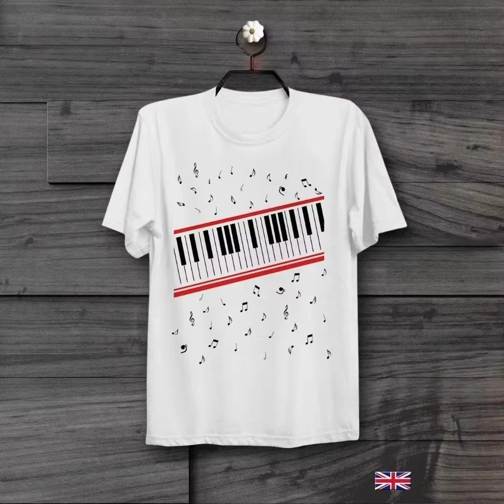 Summer Men's Piano Note Print White Round Neck T-shirt Plus Size Unisex Best-selling 100%pure Cotton Outdoor Short Sleeved Shirt