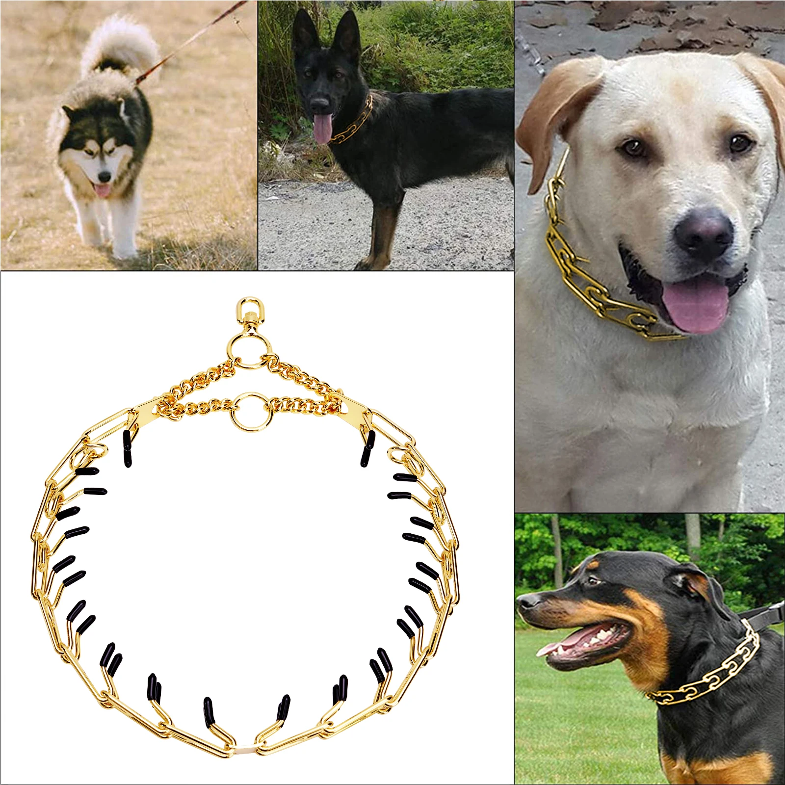 

Removable Pet Link Chain Pinch Dog 18K Gold Adjustable Stainless Steel Training Prong Collar Spike Necklace with Comfort Rubber