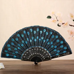 Ladies Craft Folding Fan Black Rod Embroidered Sequin Plastic Fan for Wedding Events Home Parties bridesmaid gift Favor Supply