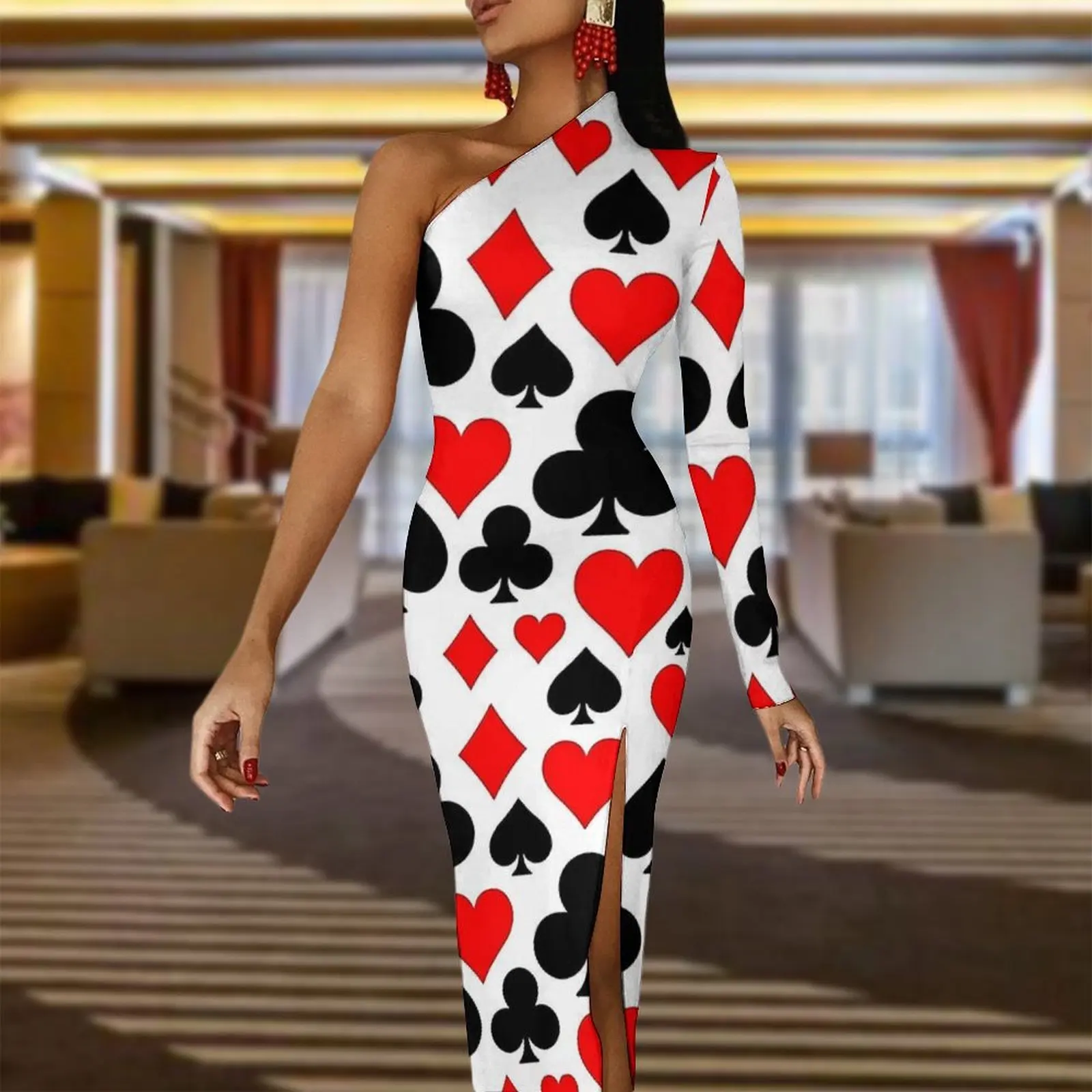 Casino Speelkaarten Speler Symbolen Maxi Jurk Lange Mouw Party Bodycon Jurken Lente Elegante Jurk Vrouwen Patroon Vestido