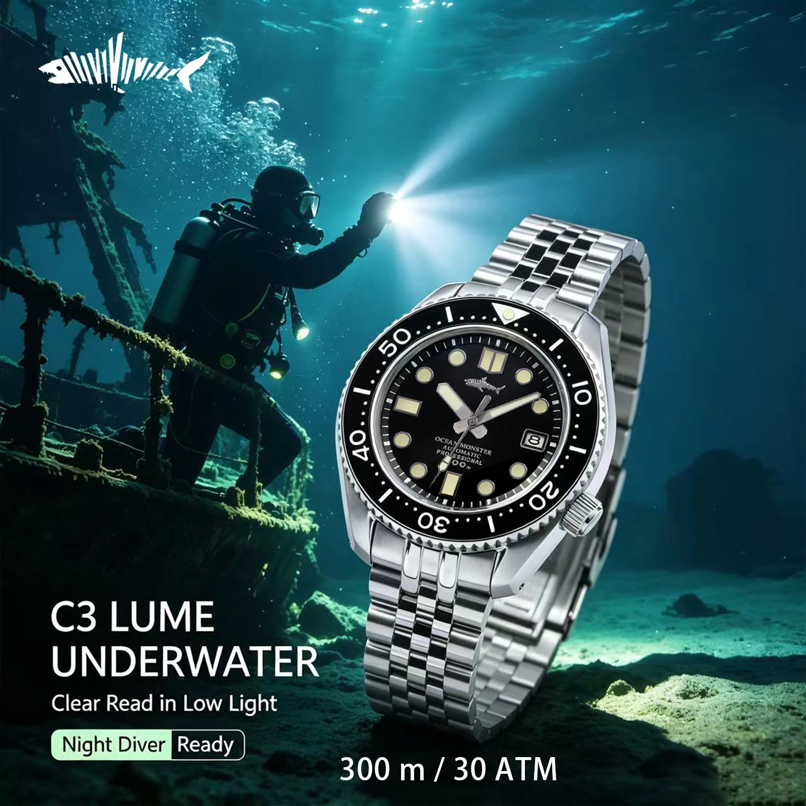 HEIMDALLR Men's Diver Watches 44mm NH35A Automatic 300M Waterproof Sapphire Crystal Ceramic Bezel C3 Super Lume 316L Steel Scuba