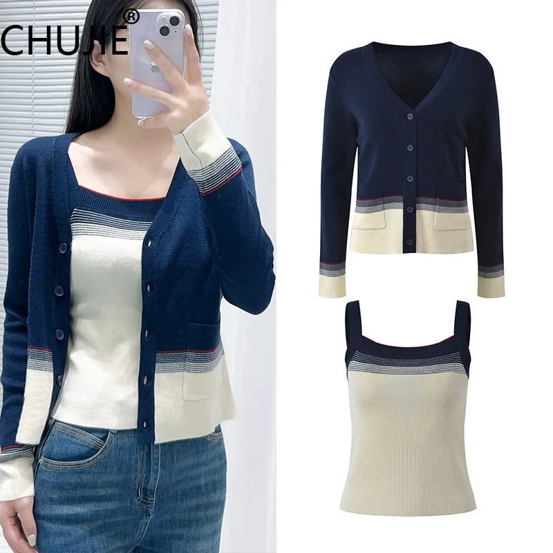 

CHUJIE 2025Fall Embroidered Stripe Knit Set, V-Neck Cardigan & Camisole 2-Piece Set Designer Casual Outfit