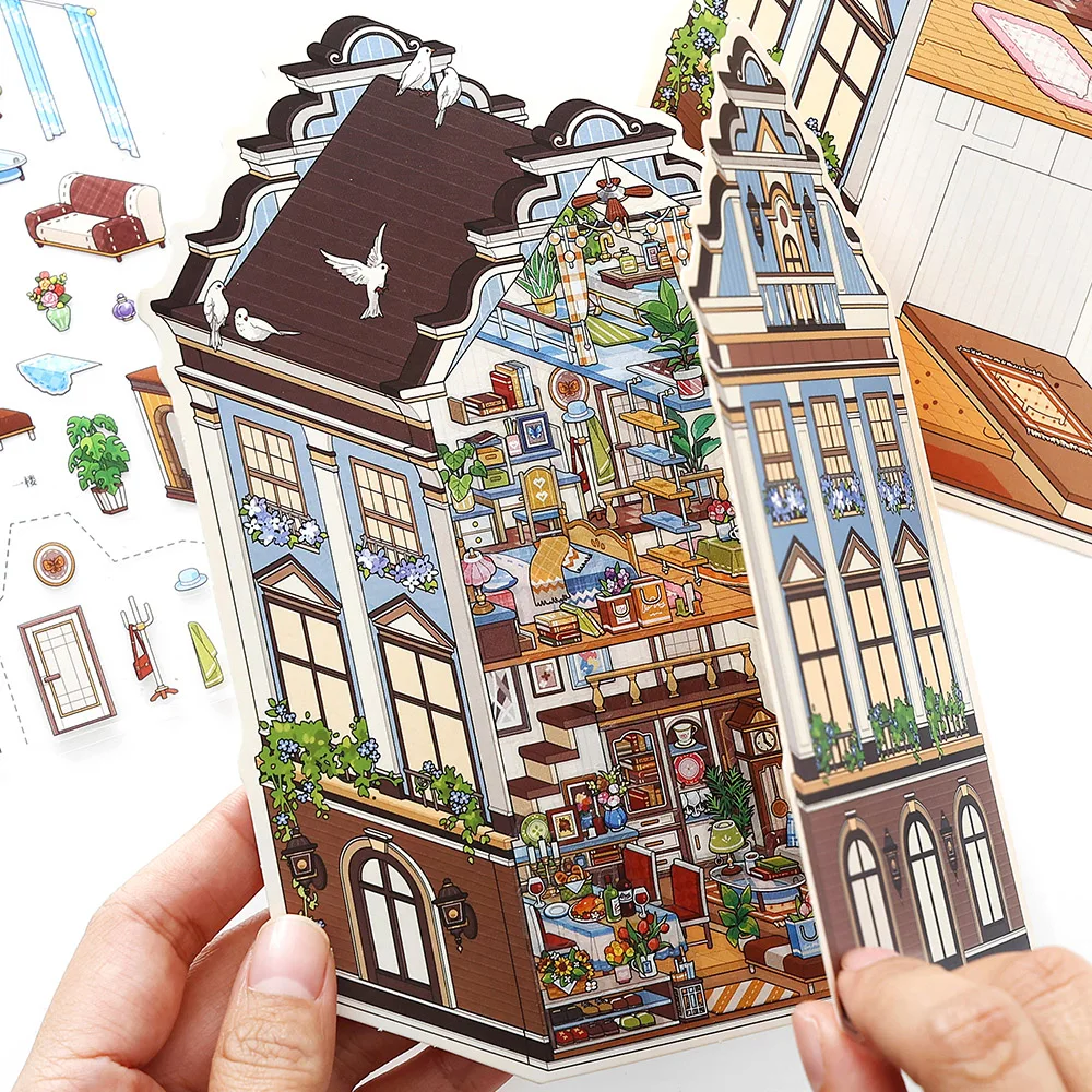 Kawaii precious scroll  3D Flower Pavilion Landscape Sticker  DIY Pocket Cabin Scene festival gift ﻿