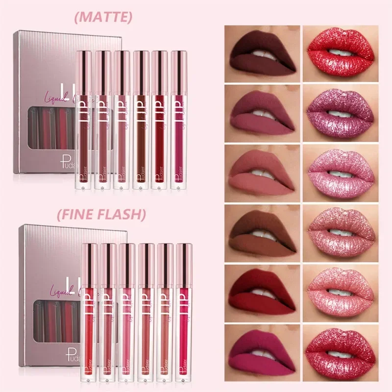 6 Colors/Set Matte Glitter Lip Gloss Non-stick Cup Not Easy To Fade  Waterproof Lasting Velvet Sexy Red Liquid Lipstick Cosmetic