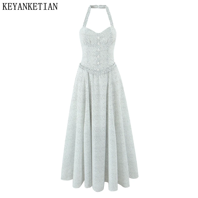 

KEYANKETIAN Summer New Women's Vacation Style Hanging Neck Pleated Polka Dot Print Zipper Dress Long Skirt