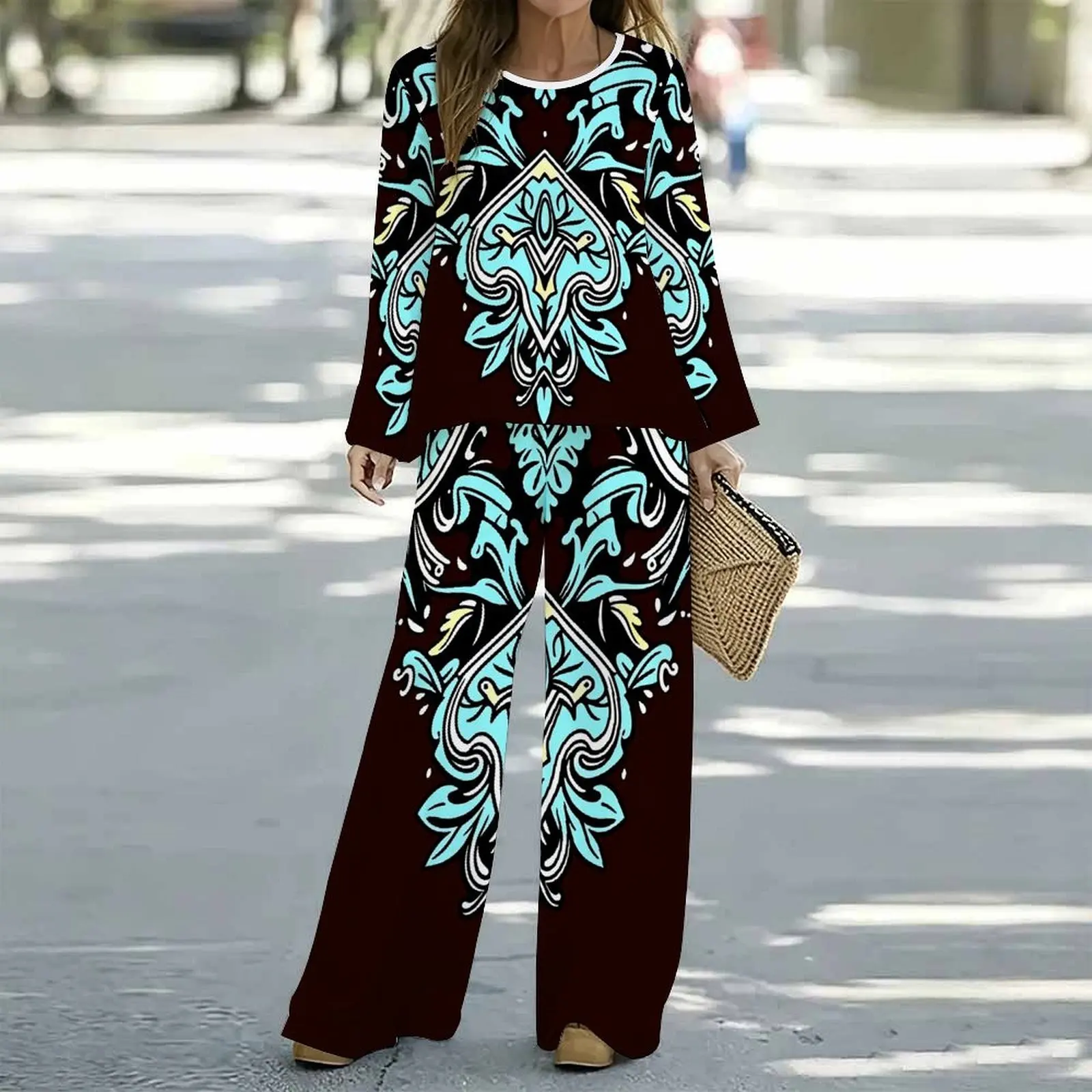 Women Spring/summer Print Two Piece Set Street Vacation Long Sleeves Fashion Retro Tops Everyday  Casual Long Pants
