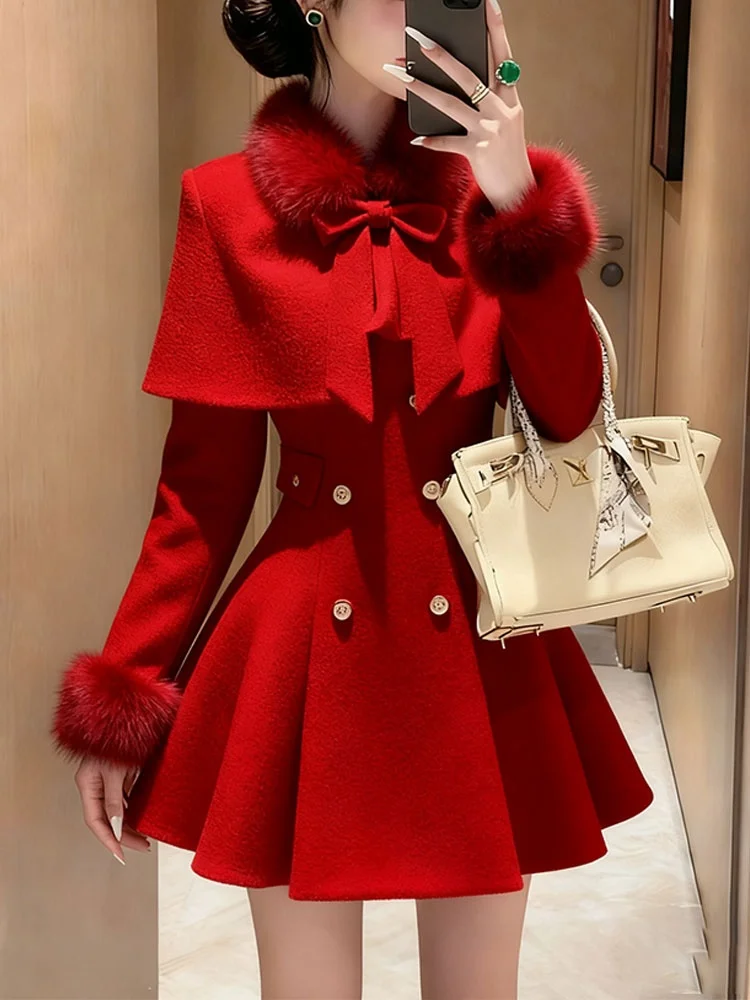 

Красное пальто с запахом и запахом, женское зимнее пальто 2022, новое утягивающее талию Dr, комплект из двух предметов Princ Sle Long Sve Co...