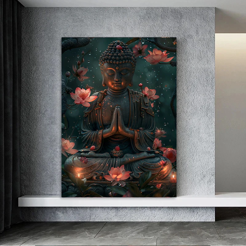 Religious Buddha with Lotus Flowers Wall Art Canvas Painting Buddhism Buddha Sculpture Poster Prints for Living Room Home Decor