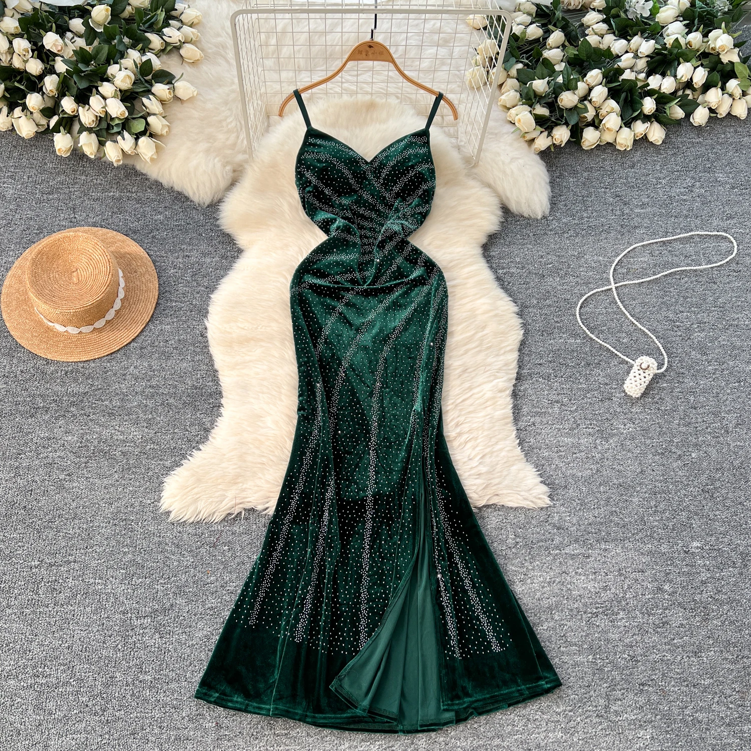 Elegant Sleeveless Vintage V-neck Straps Chic Rhinestone Split Slim Velvet Long Dress Evening High Street Autumn Winter Clothing