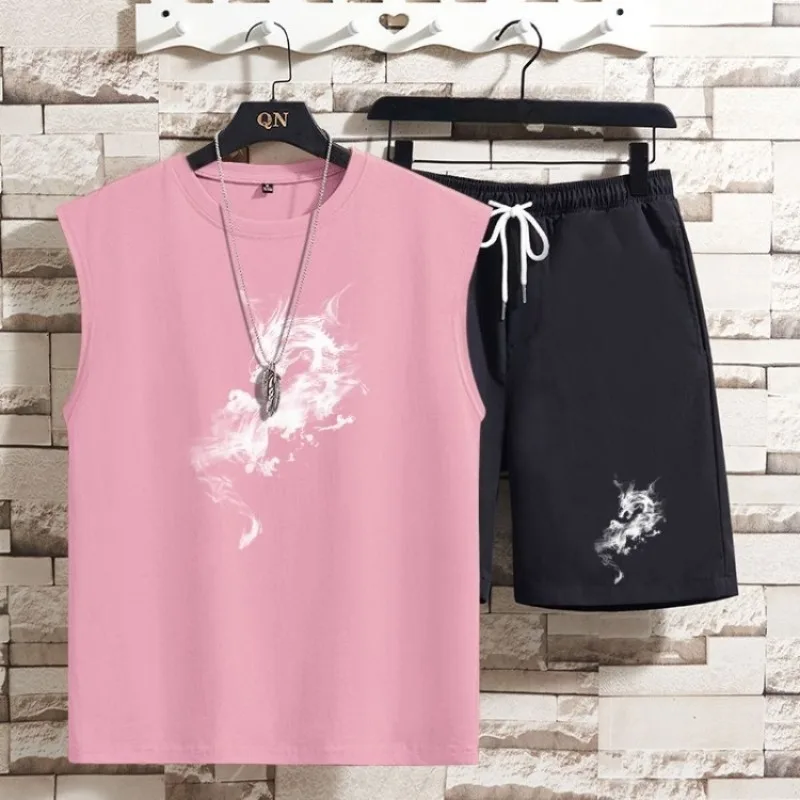 

Youthful Street Style Ink Wash Dragon Graphic Men Sleeveless Tee And Shorts Set Casual Sportswear For Summer