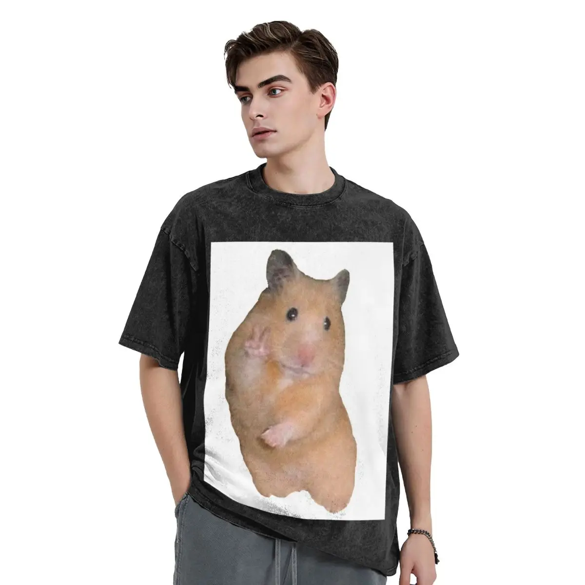 Peace Sign Hamster Washed T Shirts Cotton Short Sleeve Hip Hop T-Shirt Streetwear Tops Tees for Men Women