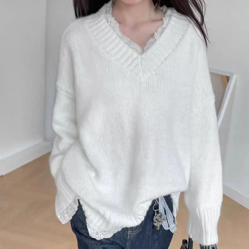 

Women's Sweaters Grey Lace Trim V Neck Pullover Sweater College Style Loose Midi Length Knit Tops Ladies Fashion Girl Knitwear