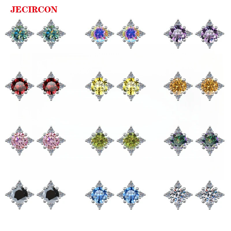 

JECIRCON 0.5 Carat Multi Colorful Moissanite Stud Earrings s925 Sterling Silver Star Patterned High-End Shiny Jewelry Ideal Gift