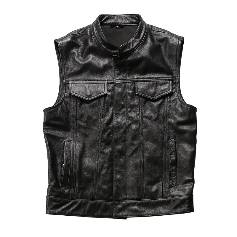 

2024 New Style Men's Cowhide Sheepskin Genuine Leather Vest Man Motorcycle Biker Vests Male Waistcoat Fashion Sleeveless Jackets