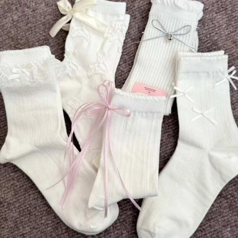 5 pares de bonitos calcetines de alto valor para primavera y otoño, calcetines versátiles con lazo de encaje, dulces, simples, cómodos, informales, de longitud media