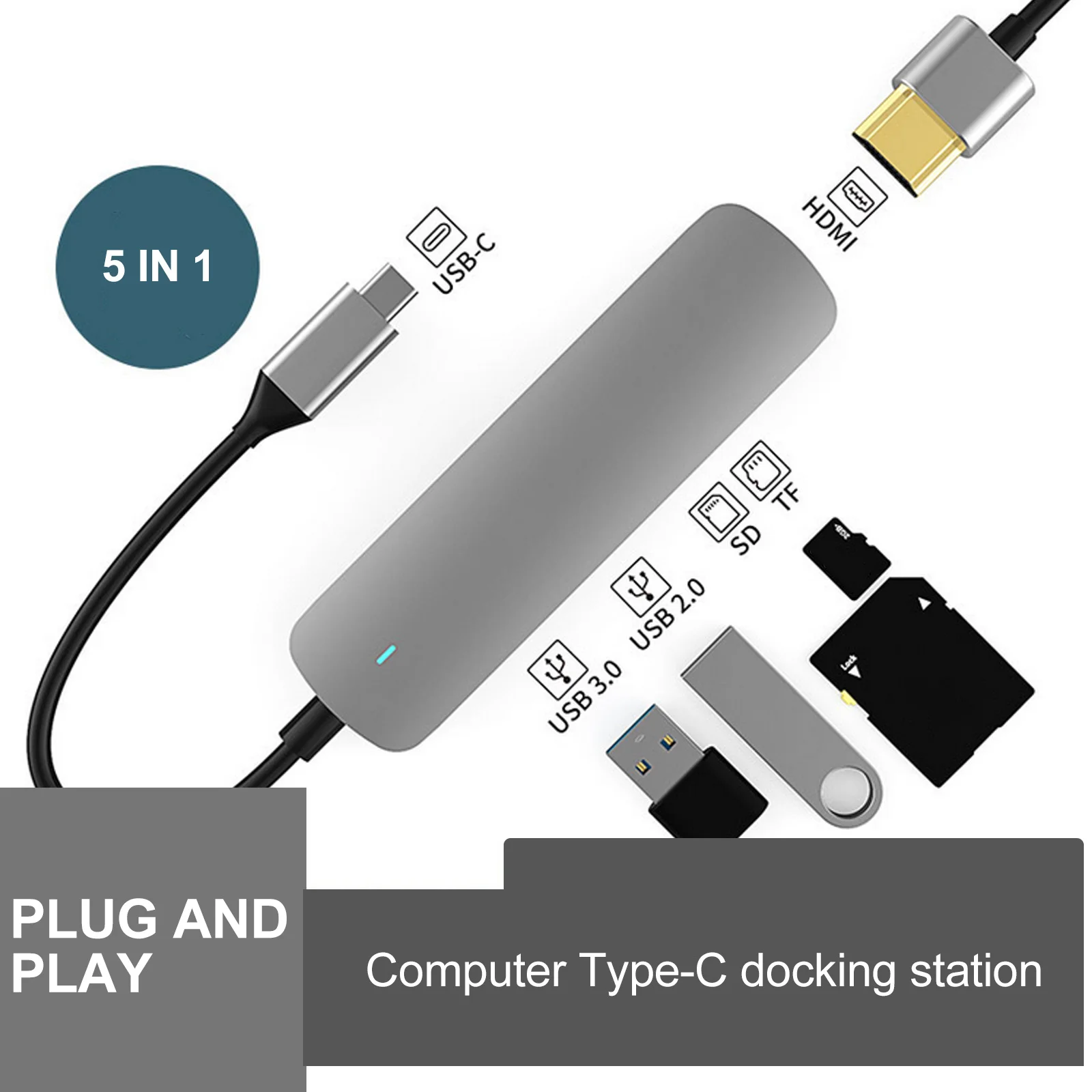 

5-In-1 Usb Hub Aluminum Alloy 5Gbps 4 Ports Simultaneous Working Support Hard Drive Mouse Keyboard Otg For Laptop Phone Type-C