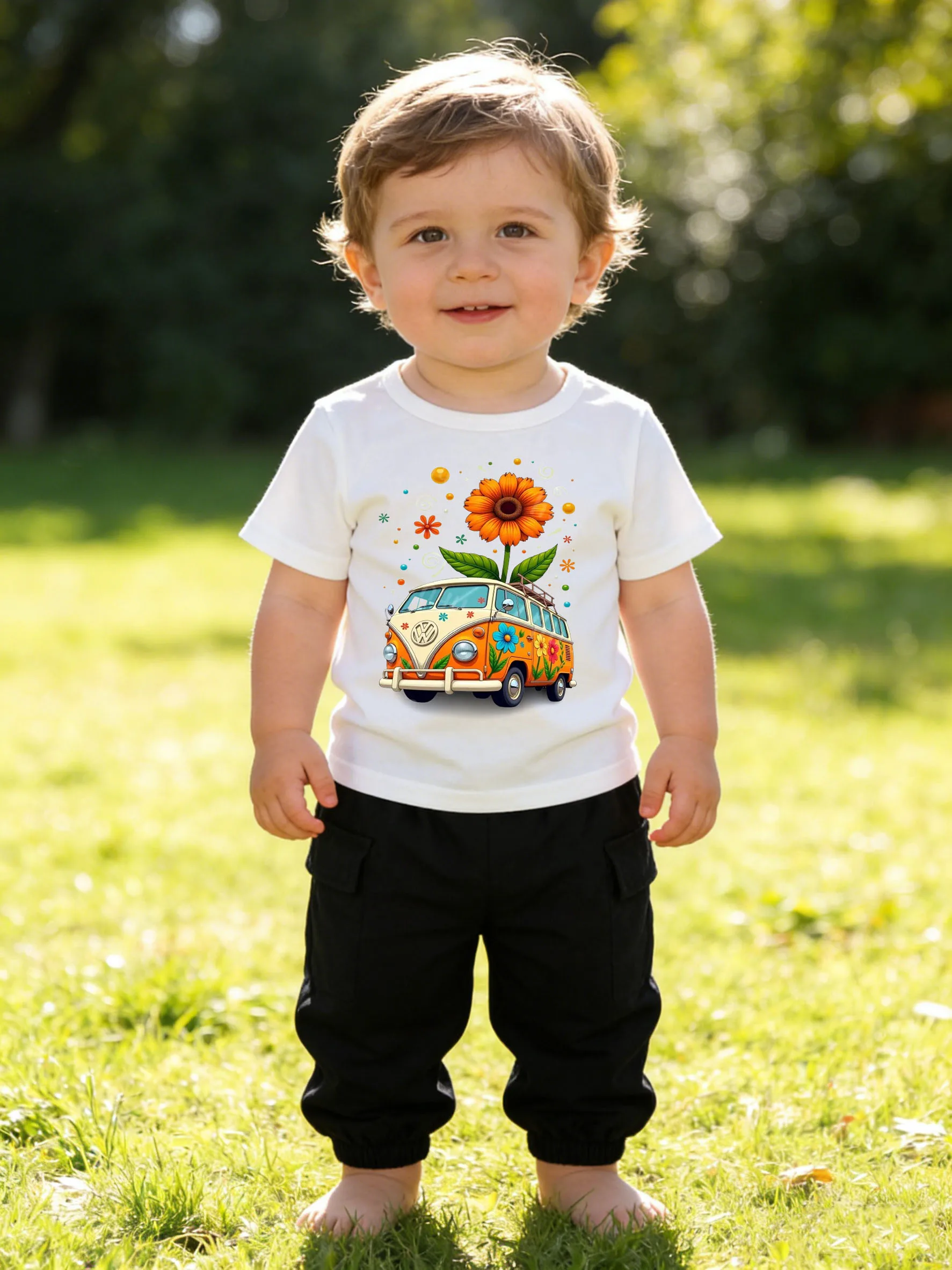 White T + Black Cargo Pants: Retro Flower Van—Summer Outdoor Baby