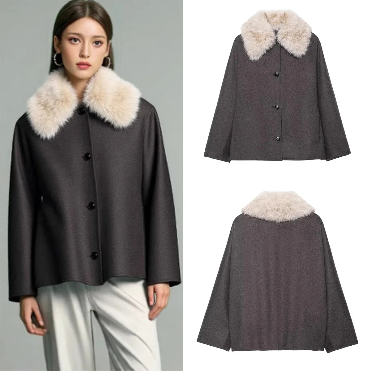 

Women Faux Fur Jacket Effect Neckline Casual Coat Female Fashion Lapel Single-breasted Pockets Long-sleeve Autumn Street Coat