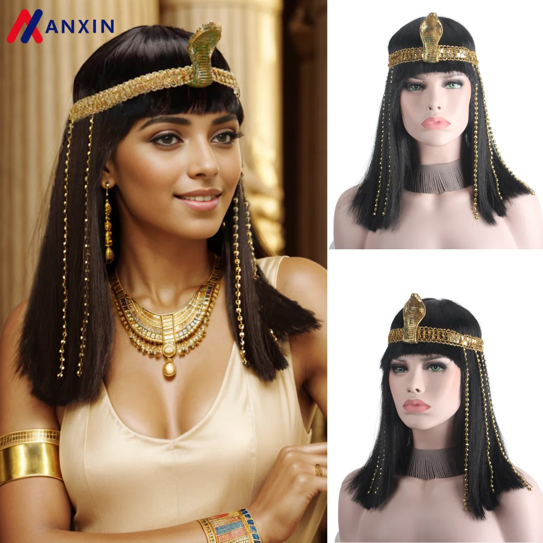 Perruques noires pour femmes reines d\'egypte, avec accessoires serpent, Costumes de fête d\'halloween synthétiques, perruques de Cosplay, fabricant