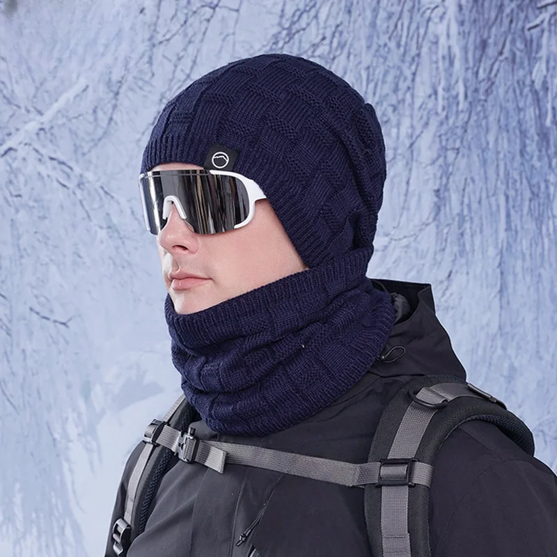 Gorro con protección para los oídos a prueba de viento para exteriores, conjunto de bufanda y gorro cálido con forro polar, gorro de lana tejido Unisex, conjunto de dos piezas, invierno