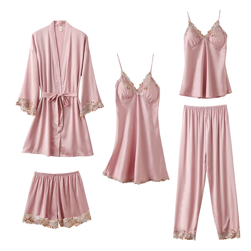 a-5PCS Women Bathrobe Gown Set Sleepwear Sexy Lace Pajamas Set Pyjama Femme Spring Summer Satin Nightwear Kimono Robe Home Wear