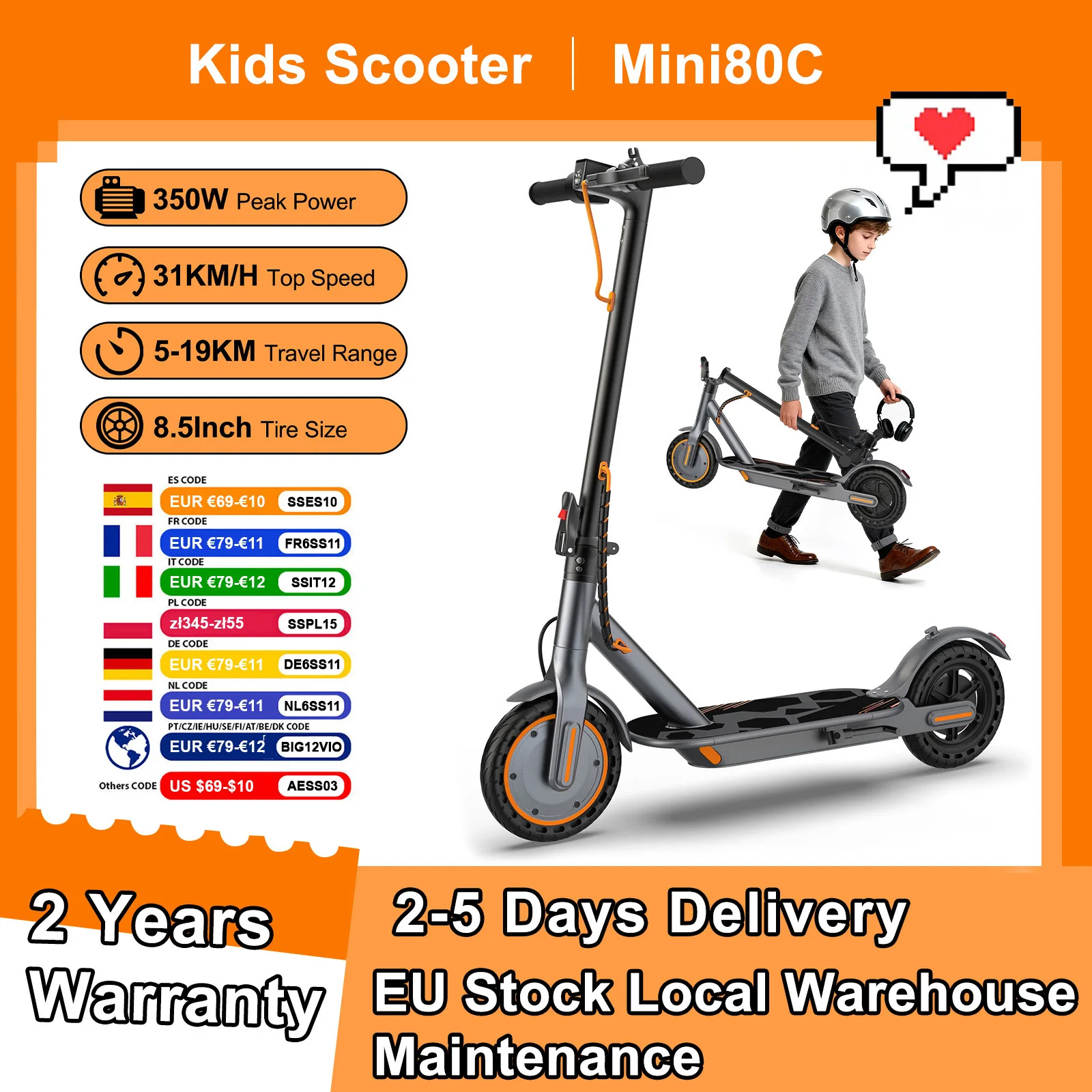 Trottinette électrique AOVOPRO Mini80C pour enfants, 350W, 8,5 pouces, vitesse maximale de 31 km/h, 5-19 km d'autonomie, application intelligente, Escooter
